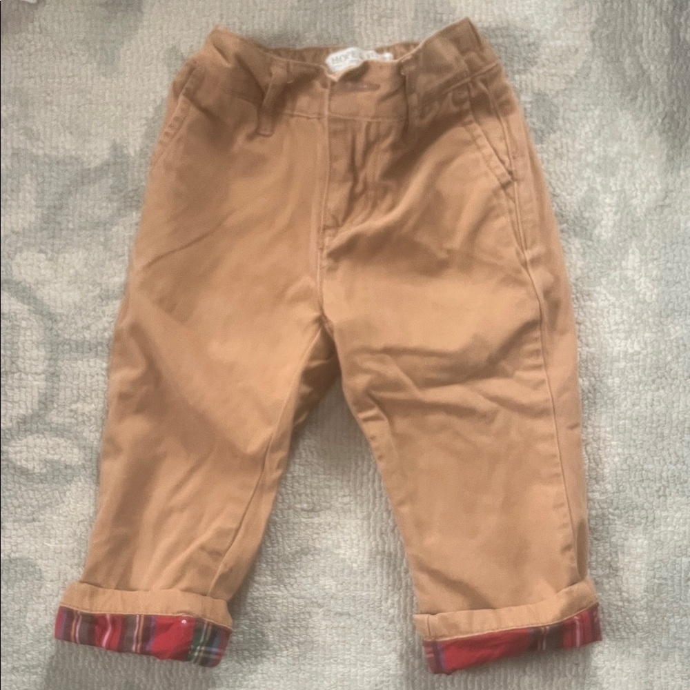Kids Tan Chino Pants with Plaid Cuff